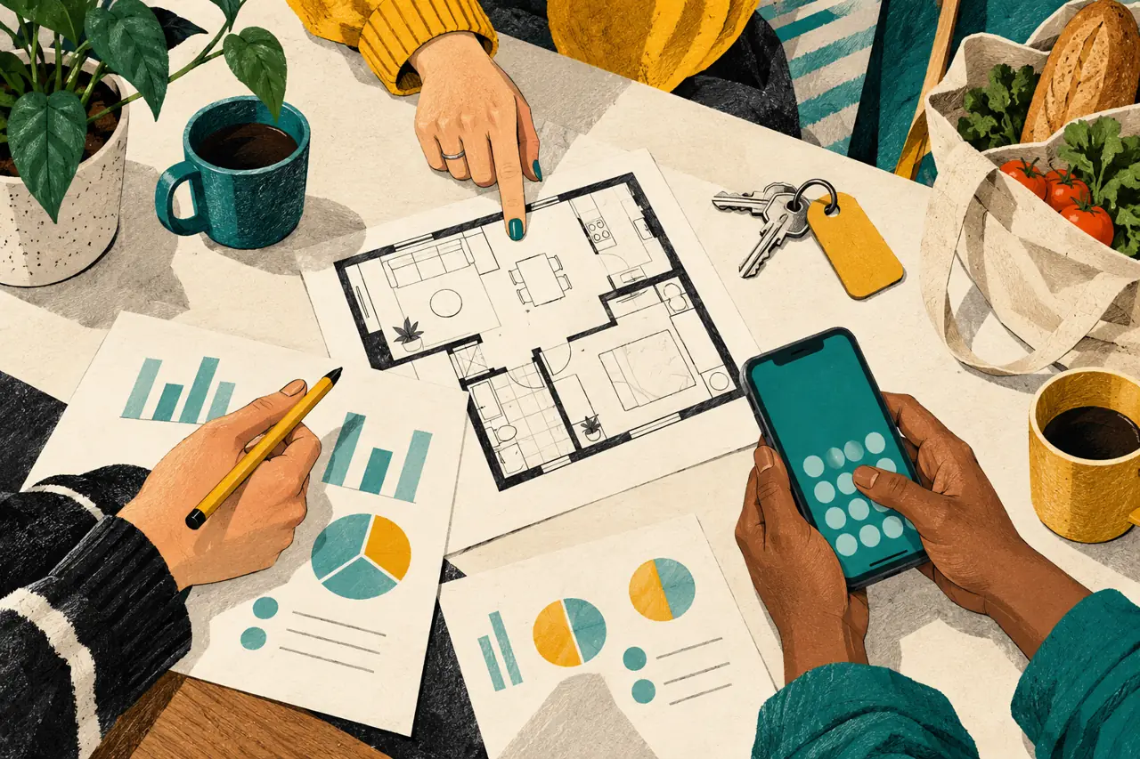 Illustration: eine eigene Wohnung planen und gemeinsam über Geld entscheiden.